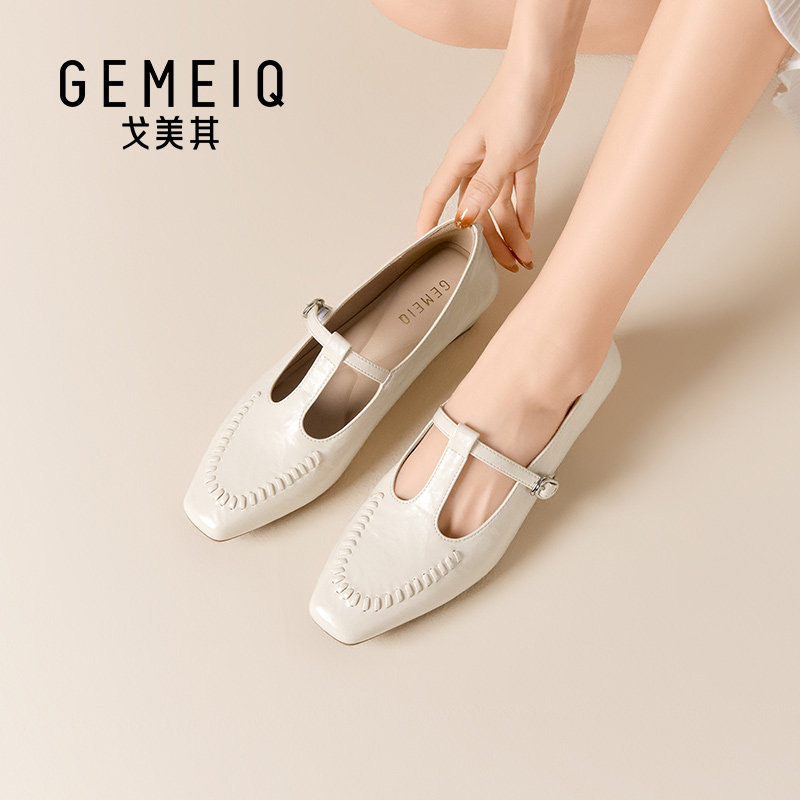 戈美其玛丽珍鞋复古方头一字扣单鞋带百搭舒适2026年春季新款女鞋