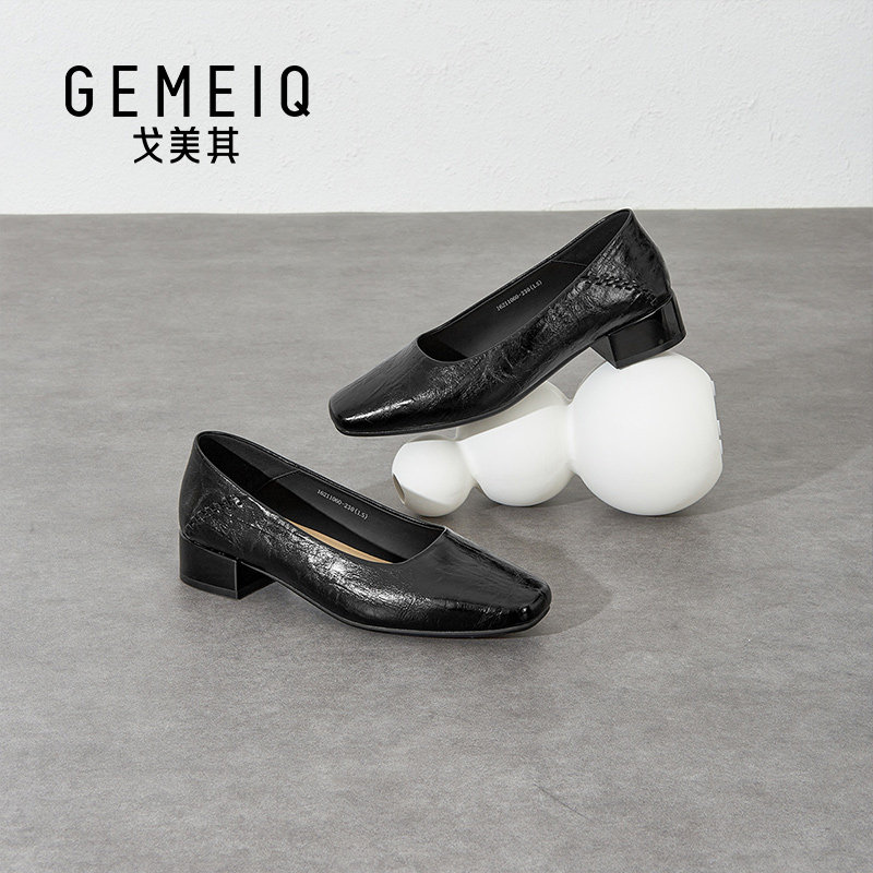 戈美其方头浅口单鞋2026春季新款粗跟通勤女鞋复古百搭浅口工作鞋