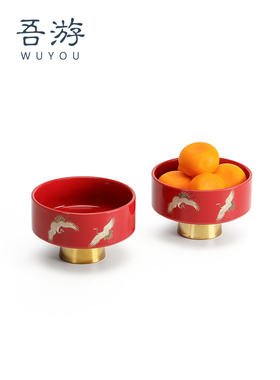 吾游 轻奢果盘家用客厅茶点盘红色高脚水果盘结婚小吃盘茶点碟子