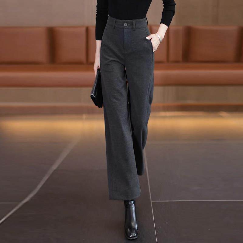 高档轻奢毛呢阔腿裤女士新款高腰垂感西装裤灰色加厚九分直筒裤子