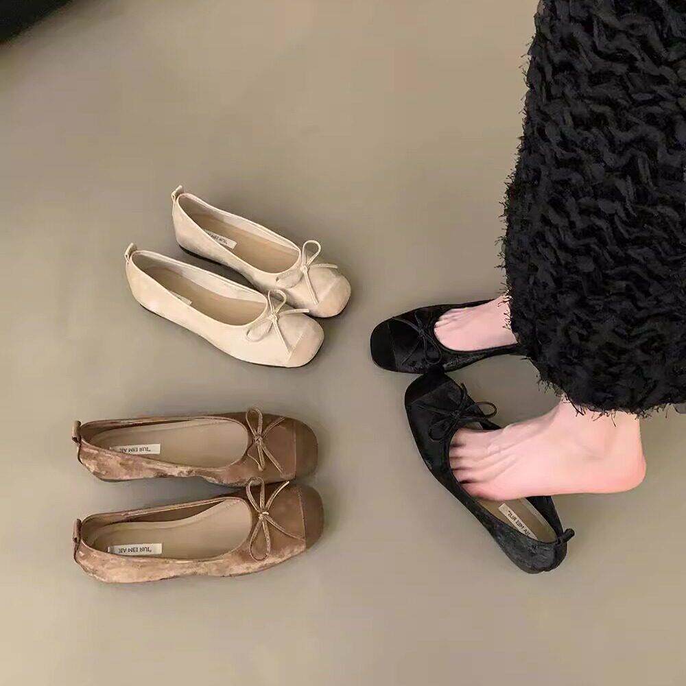 多莉女士~ITSK单鞋女方头浅口蝴蝶结一脚蹬通勤平底芭蕾鞋瓢鞋