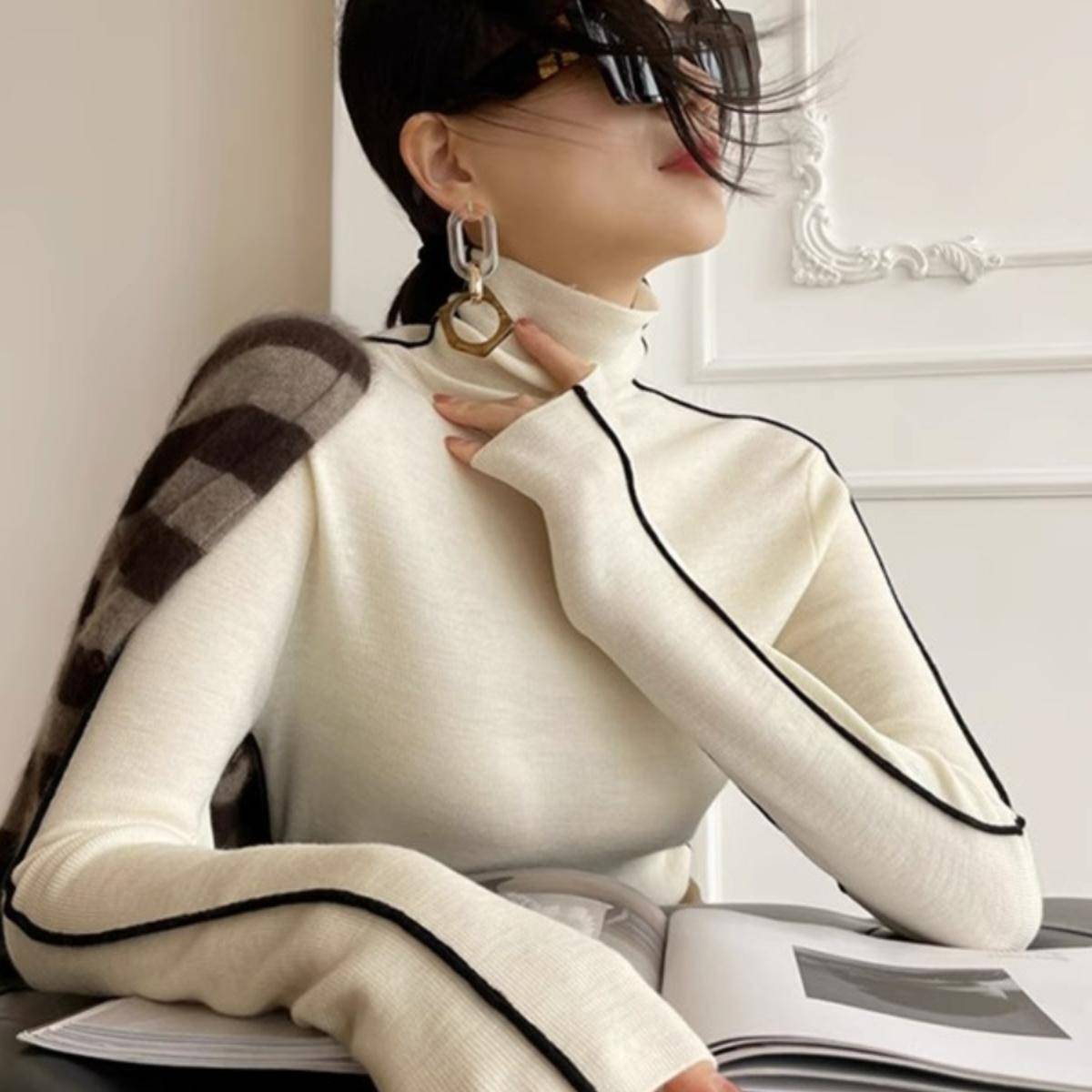 韩国秋冬撞色堆堆领羊毛针织衫女高级感紧身打底毛衣软糯高领上衣