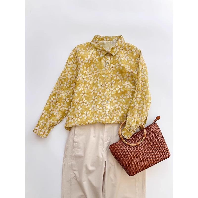 ROUJE ESVIP法式苎麻碎花衬衫春夏宽松休闲百搭长袖亚麻防晒上衣