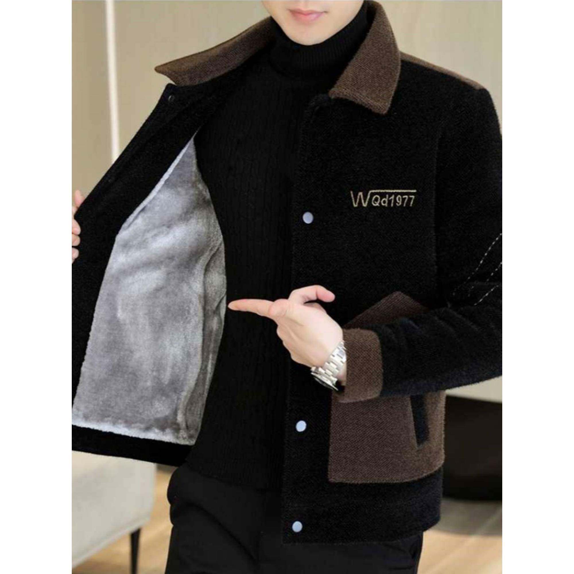 秋冬季加绒加厚毛呢大衣金貂绒韩版修身潮牌痞帅保暖外套男士夹克