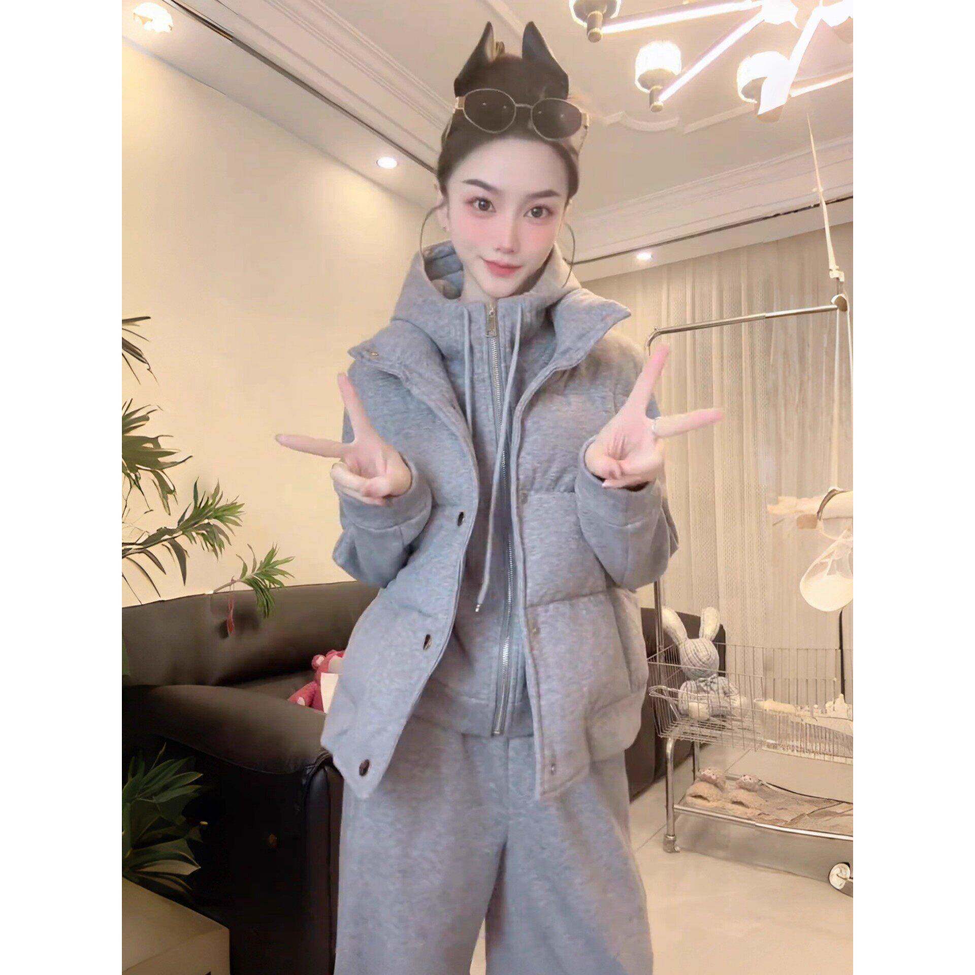 香港代购时尚休闲套装女秋冬新款洋气显瘦棉马甲卫衣阔腿裤两件套