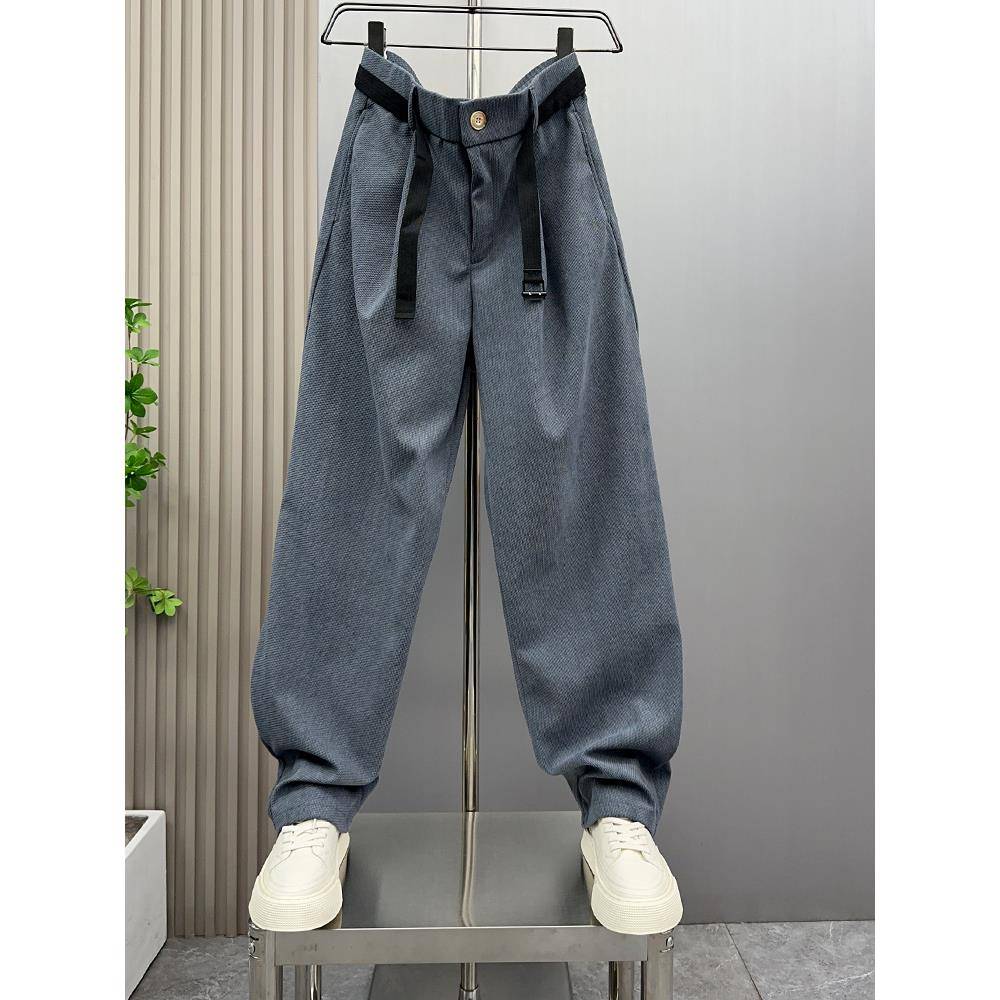 MAROLIO~显高显瘦！轻奢拼接弯刀裤男潮牌宽松个性腰带直筒休闲裤