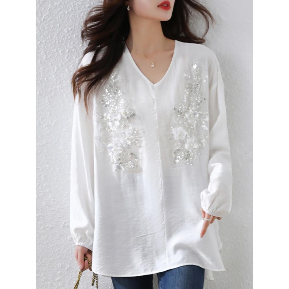 重工钉珠V领洋气刺绣衬衫女2025春秋新款设计感宽松遮肉休闲上衣