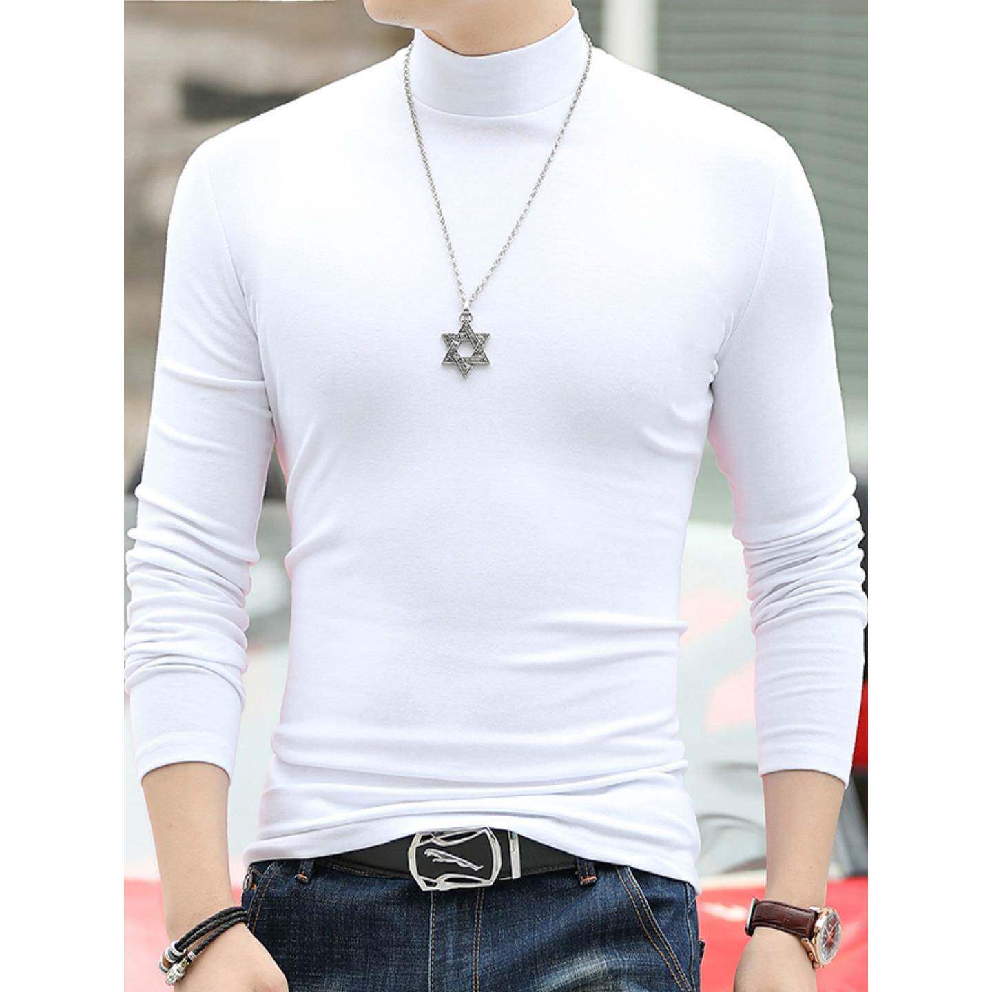 高端纯色打底衫男秋冬季新款修身男士纯棉内搭半高领厚款长袖t恤