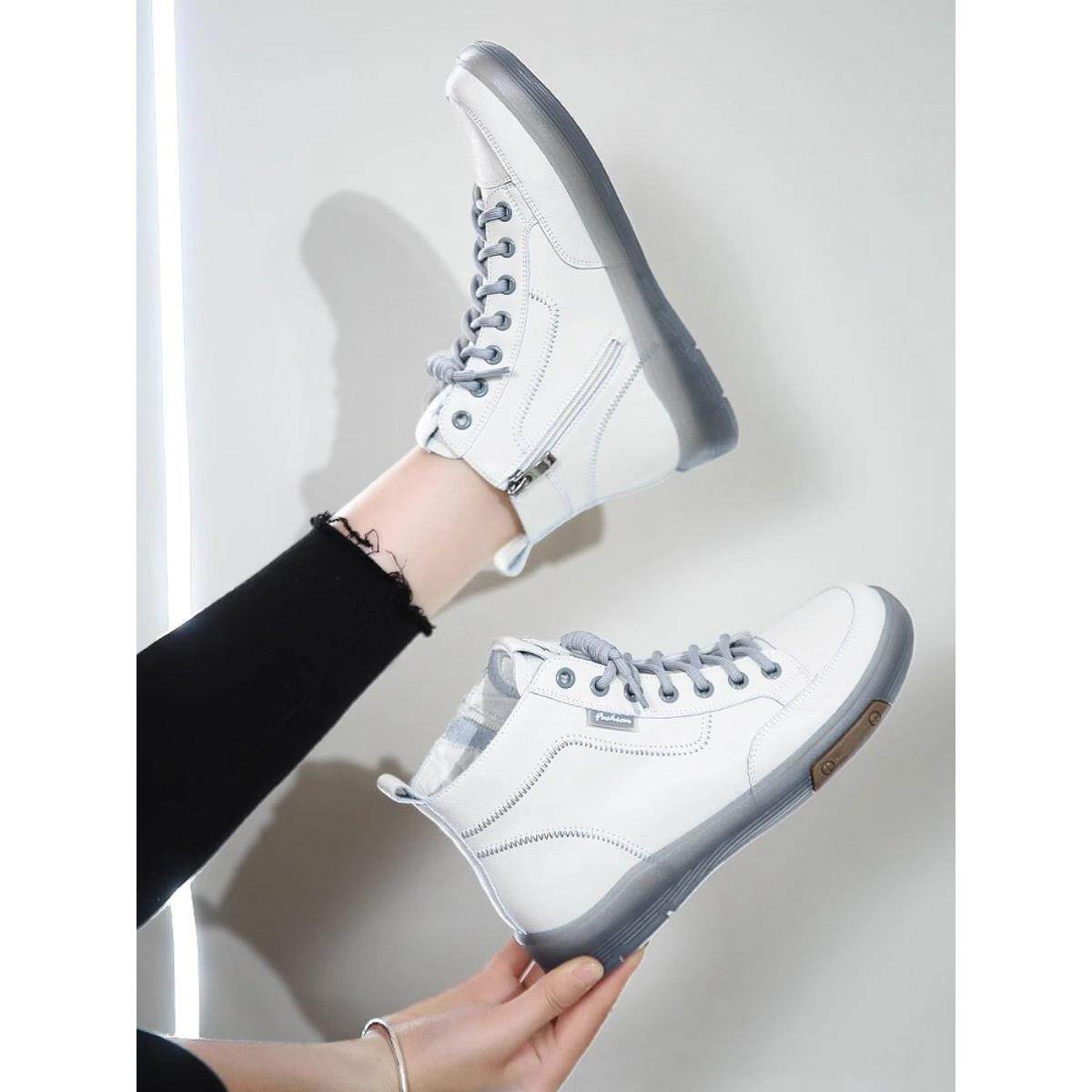 真皮高帮休闲鞋女2025年春秋季新款牛筋底短靴圆头马丁靴平底单鞋