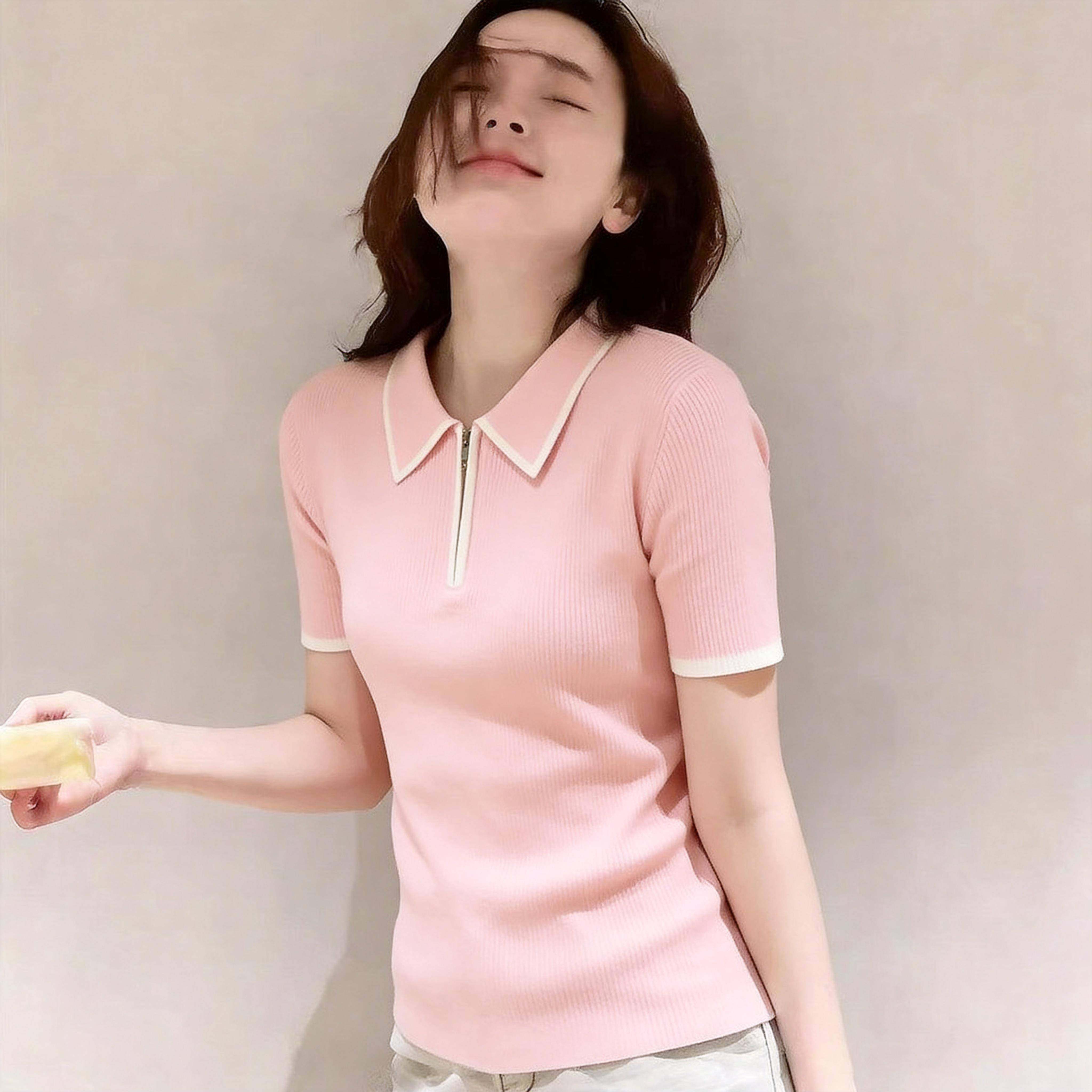 韩版高端天丝亚麻撞色POL0领针织衫短袖女夏季新款修身半拉炼上衣