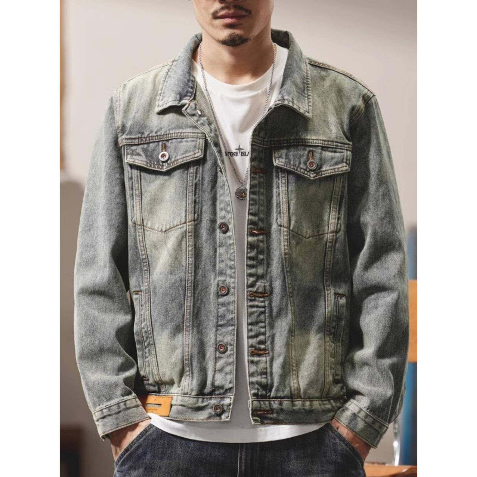 美式覆古牛仔外套男士春秋季2025新款高级感短款痞帅宽松夹克上衣,男装,牛仔外套,淘宝优惠券,粉丝福利购,淘宝优惠卷