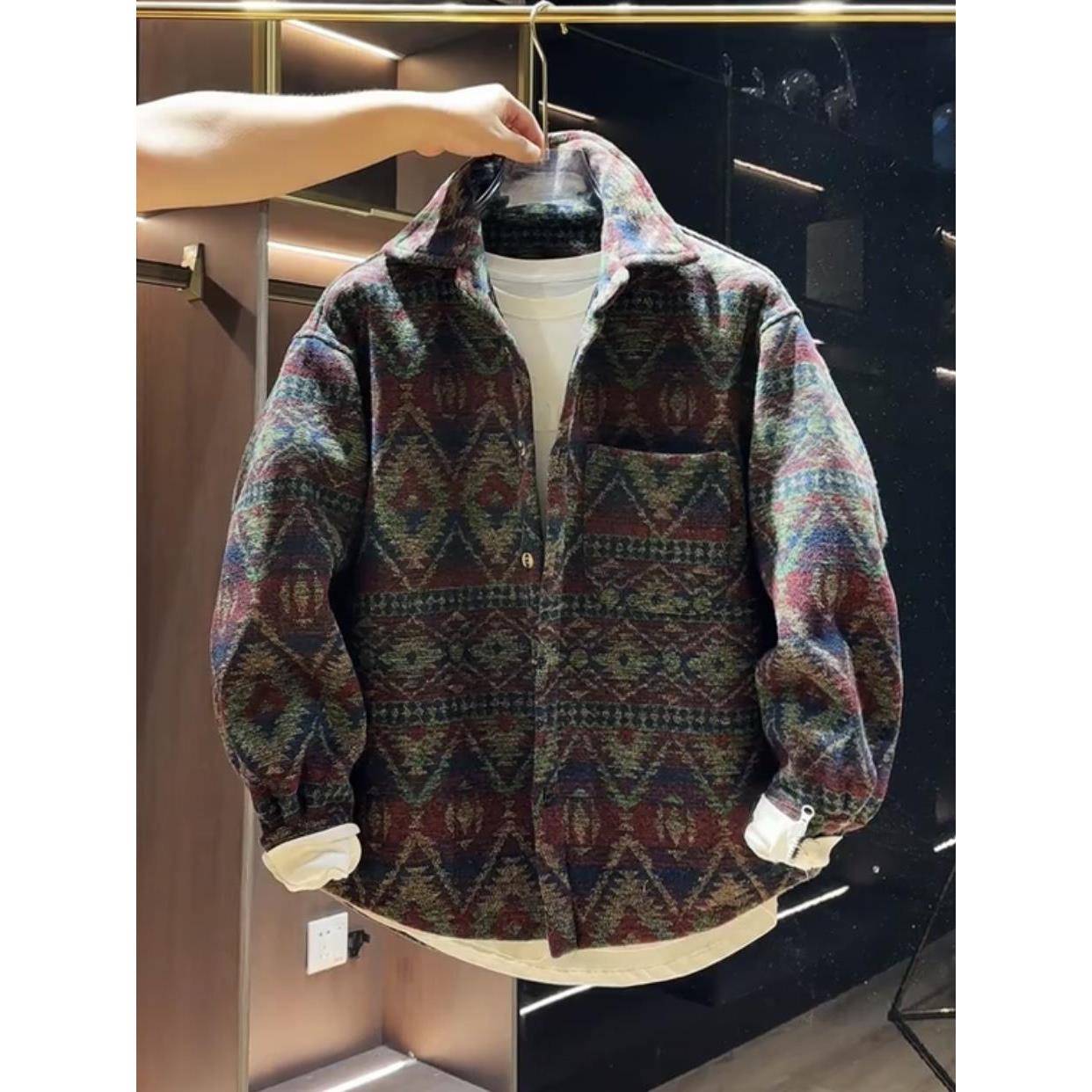 Home Daily~秋冬夹棉覆古民族风提花衬衫外套男宽松百搭翻领上衣