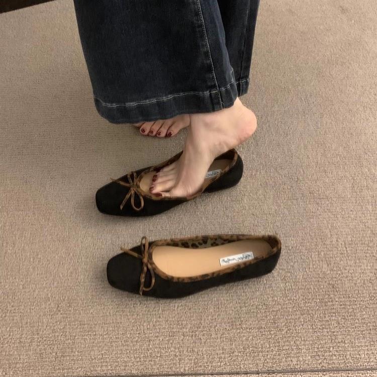 奥莉公主~ITSK单鞋女蝴蝶结浅口法式低跟复古绒面芭蕾舞鞋瓢鞋