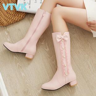 VTVK女童靴子2025新款秋冬儿童高筒长靴小女孩加绒公主高跟鞋皮靴