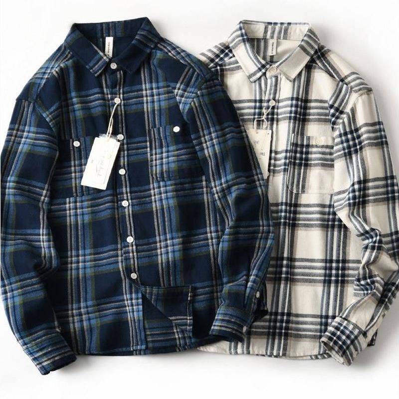 Home Daily~春秋季全棉磨毛潮流格子口袋宽松休闲长袖衬衫衬衣男