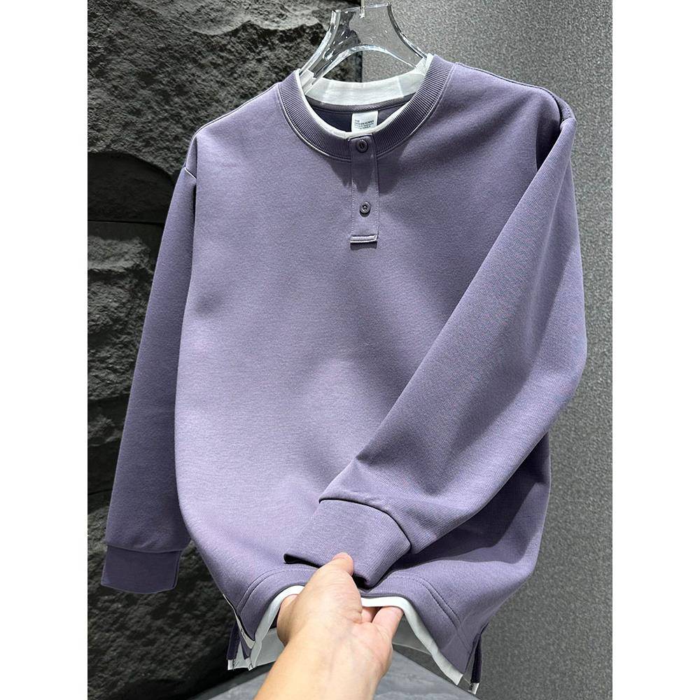 MAROLIO~专注品质！时尚设计感亨利领卫衣男纯色假两件套头打底衫