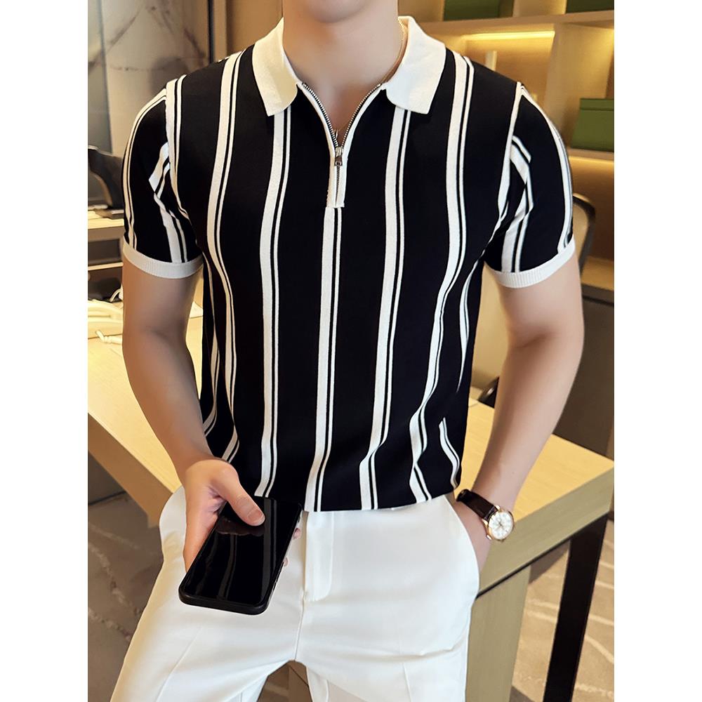 夏季英伦风时尚修身条纹拉炼t恤高级感针织冰丝polo衫男休闲短袖