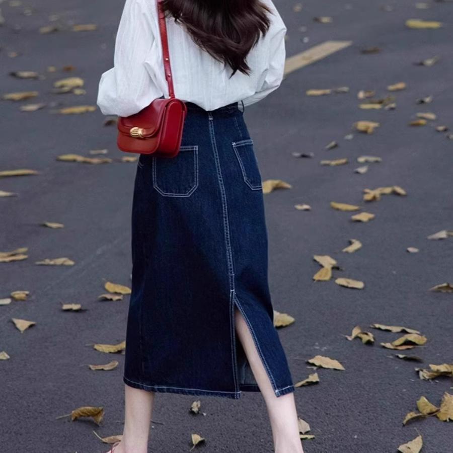 香港TIMO深蓝色牛仔半身裙女大码胖mm高腰显瘦小个子后开叉a字裙