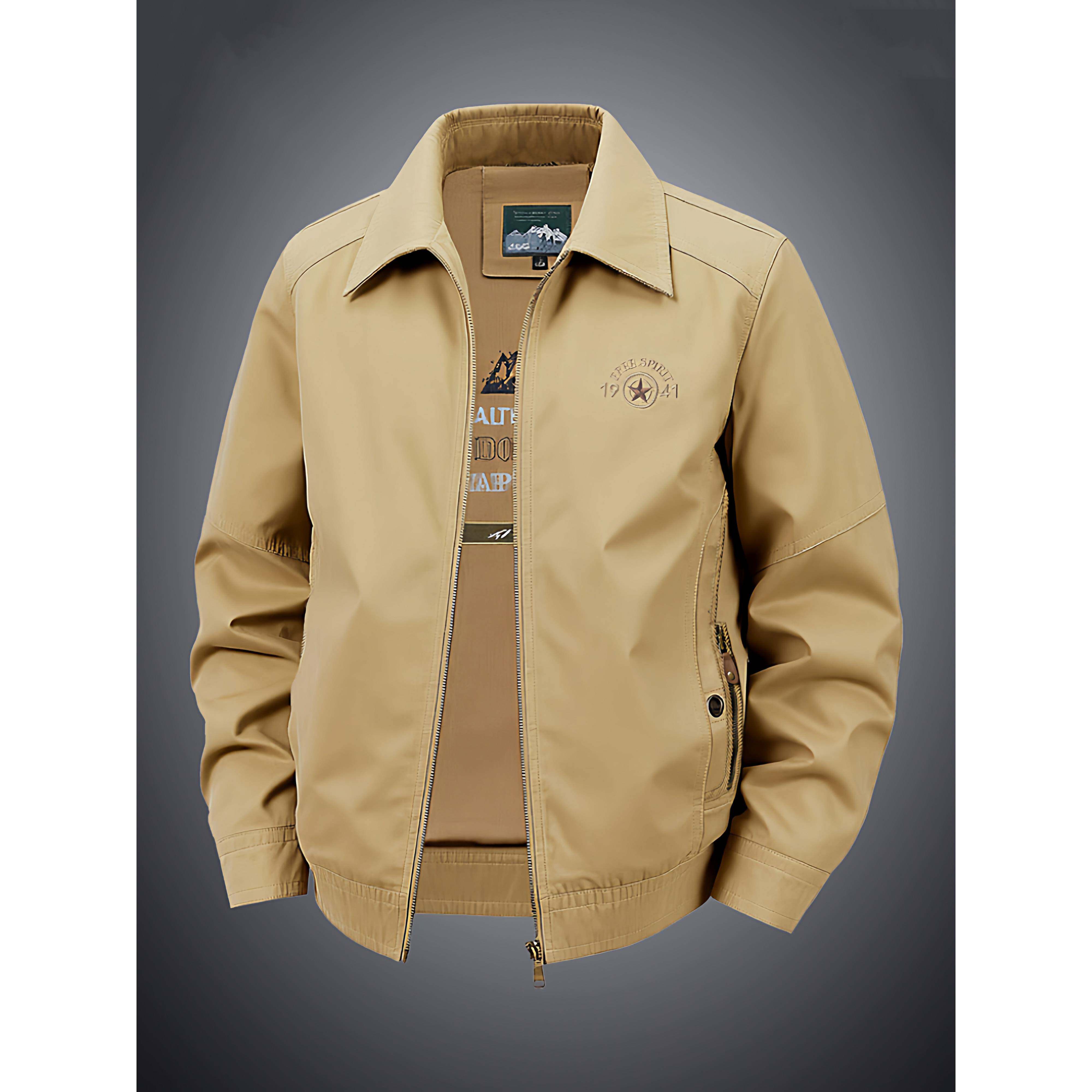 休闲宽松纯棉翻领夹克男高端绣标纯色外套秋季新款防风商务茄克衫