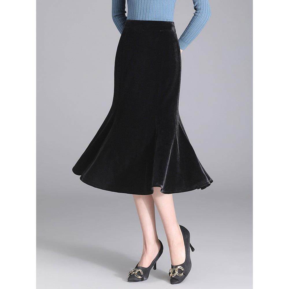 金丝绒鱼尾裙2025年春秋新款法式小个子半裙时髦中长款半身裙伞裙