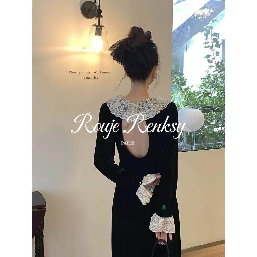 法国Rouje Renksy法式黑色复古丝绒连衣裙女春季蕾丝花边露背长裙