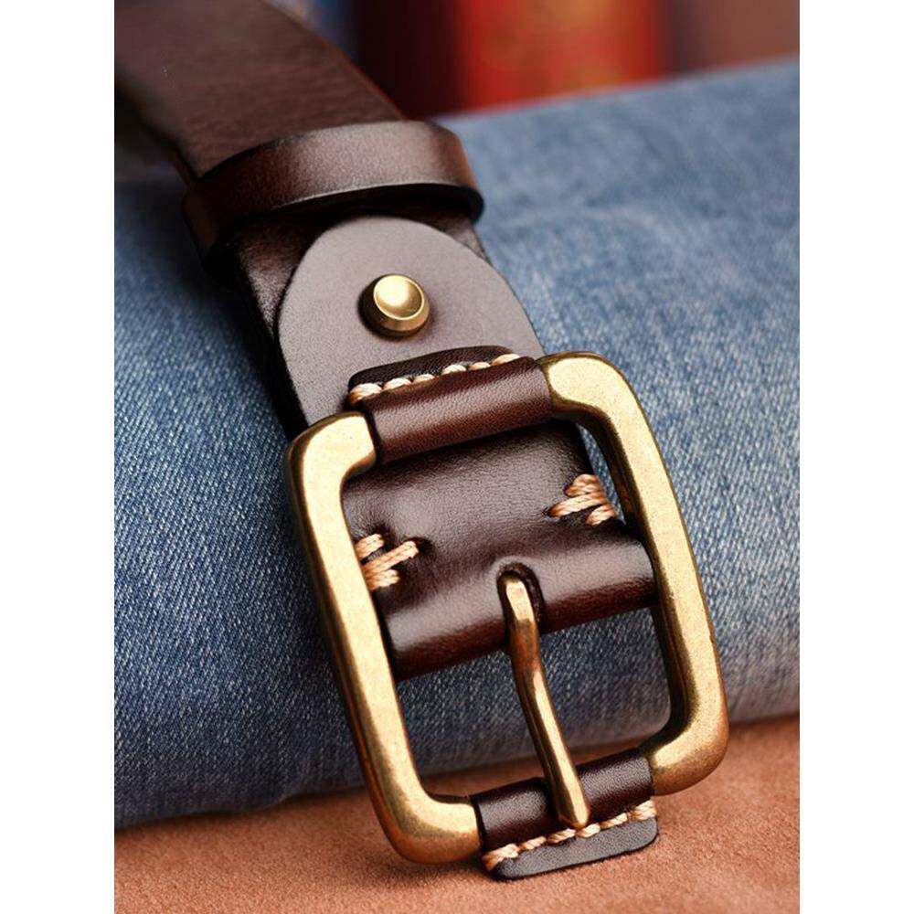 进口真皮男士皮带中青年头层纯牛皮纯铜针扣腰带手工复古牛仔裤带