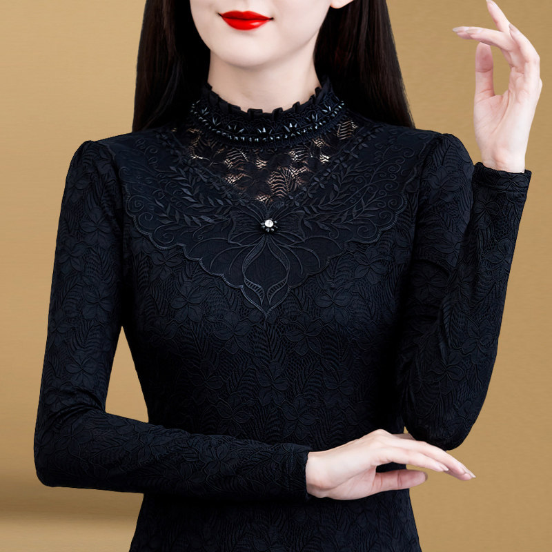 加绒黑色蕾丝打底衫女秋冬2021新款气质内搭洋气小衫长袖保暖上衣