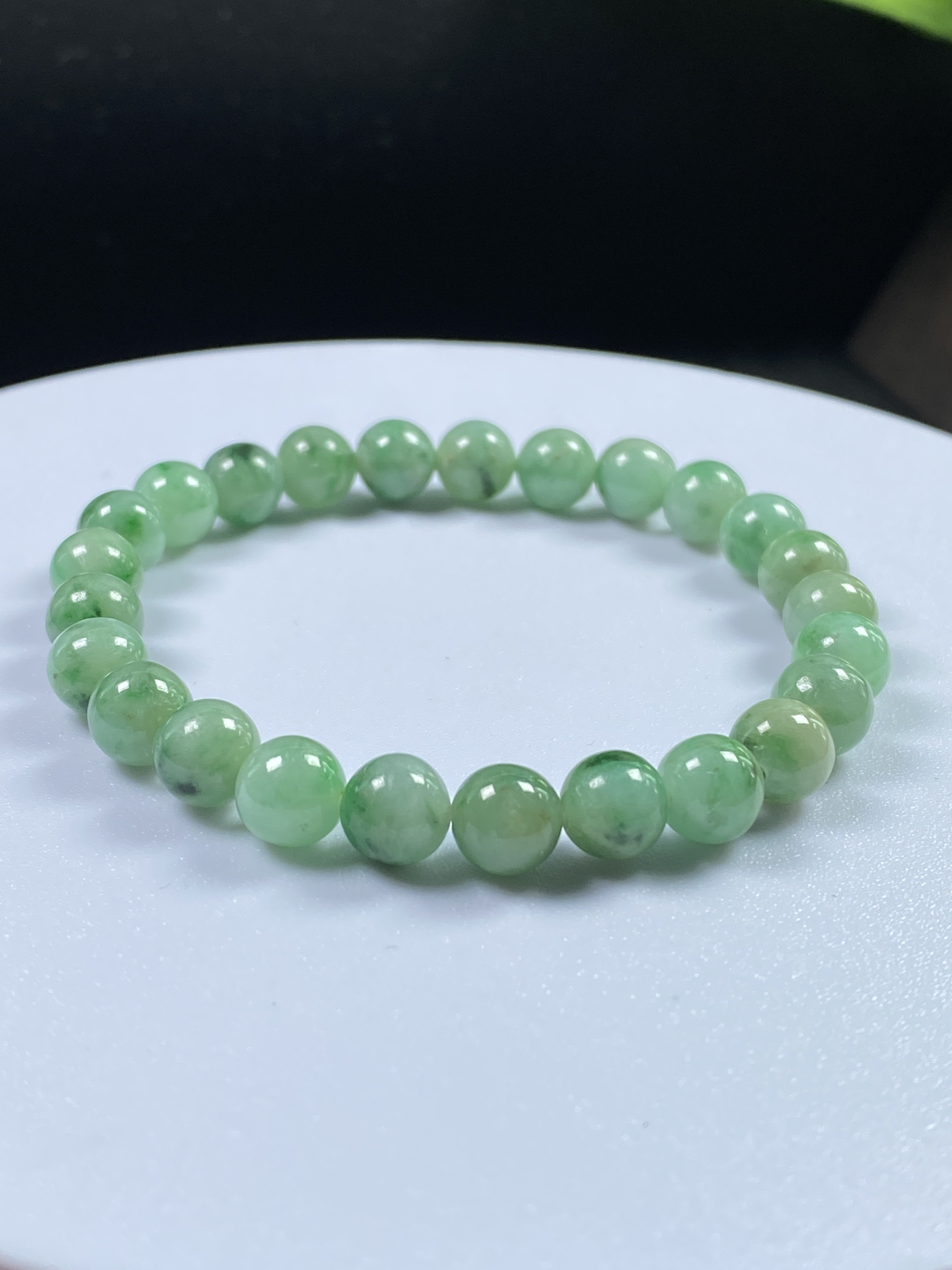 卡7.5mm 天然A货翡翠辣绿飘花手串 珠串 证书编号9245