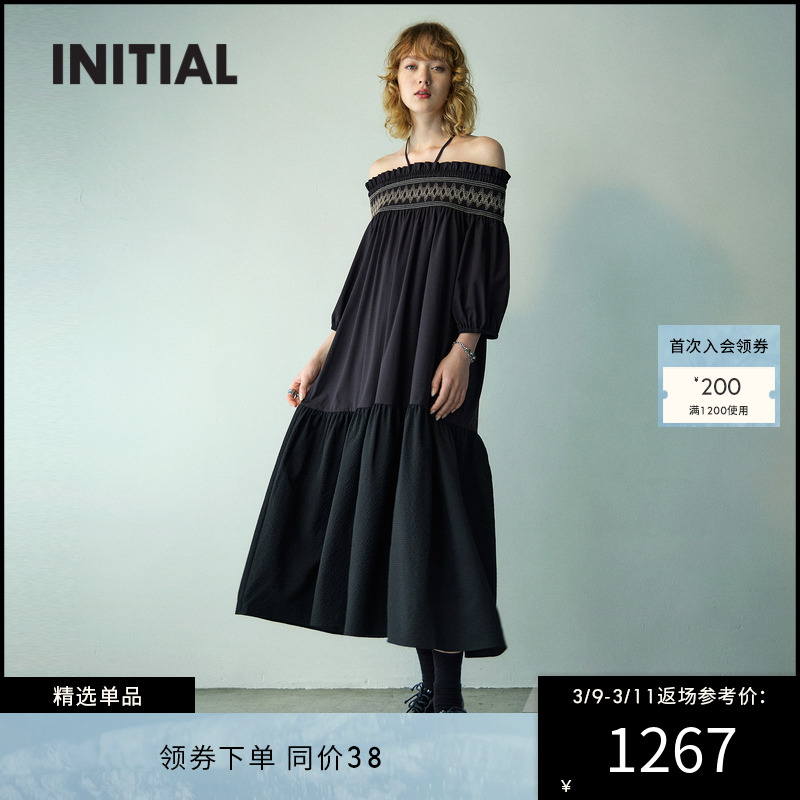 【设计师潮牌】INITIAL秋新款一字领连衣裙女DNFLMXX177