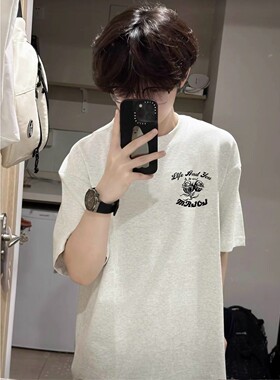 品牌折扣纯棉白灰色短袖t恤男夏季玫瑰印花情侣美式高街潮牌宽松