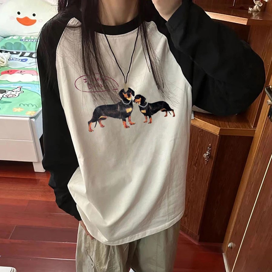 外贸纯棉~复古撞色插肩长袖上衣女早秋季宽松慵懒风t恤内搭打底衫
