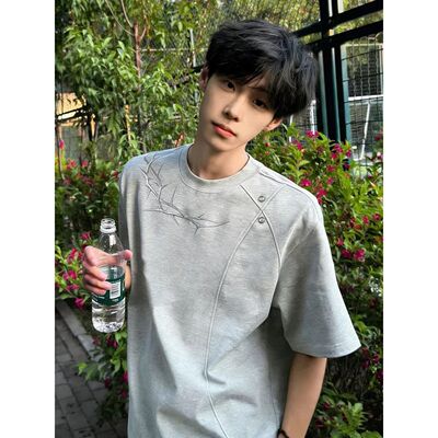 荆棘刺绣解构短袖男款夏季重磅短宽版型t恤设计感美式正肩五分袖