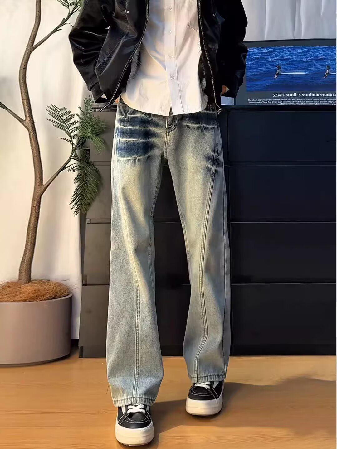 复古水洗做旧美式高街拼接痞帅牛仔裤男宽松直筒阔腿潮牌拖地裤子