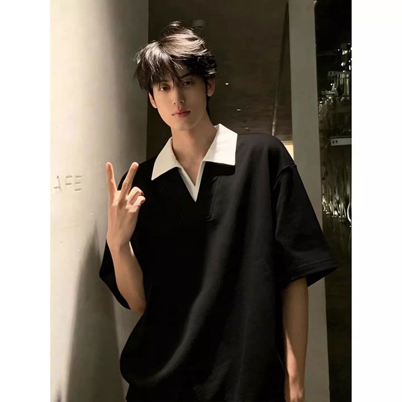 撞色假两件V领Polo衫翻领短袖t恤男款夏季重磅美式300克华棉体恤