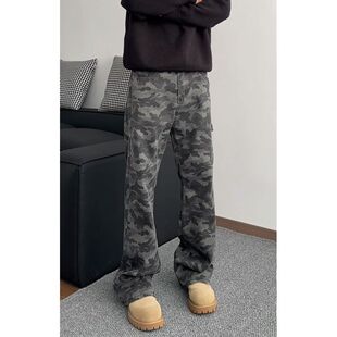 美式cleanfit弯刀迷彩牛仔裤微胖男生穿搭显瘦伐木工装直筒裤子
