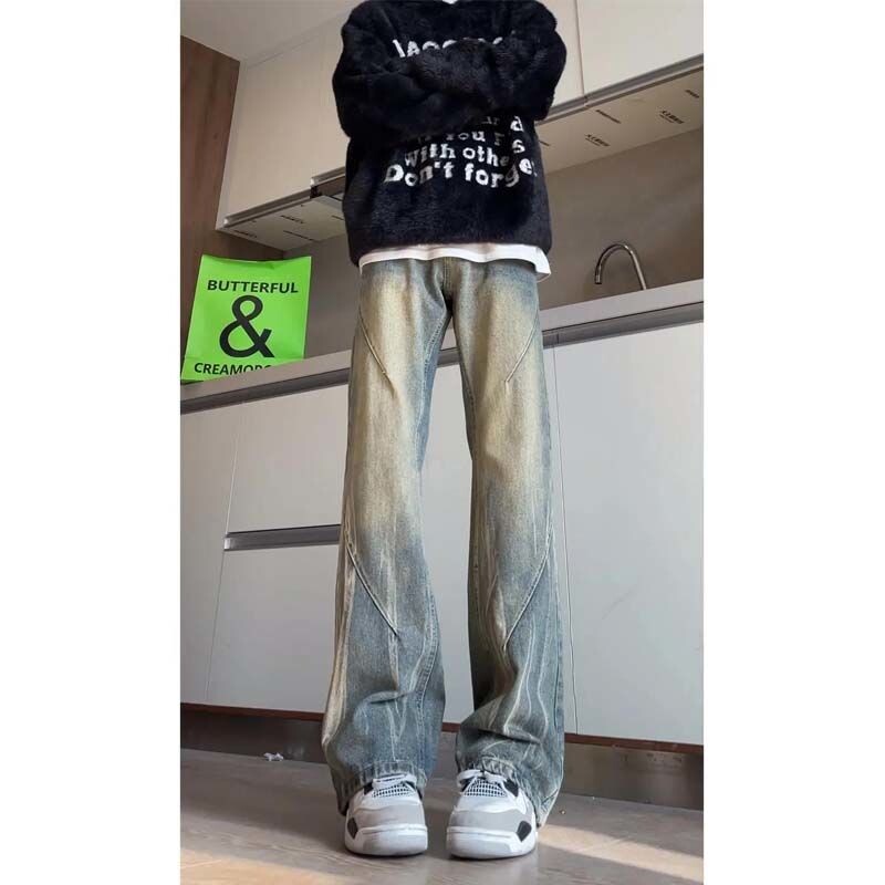 美式复古蓝解构渐变牛仔裤男春秋cleanfit潮牌水洗阔腿裤直筒长裤