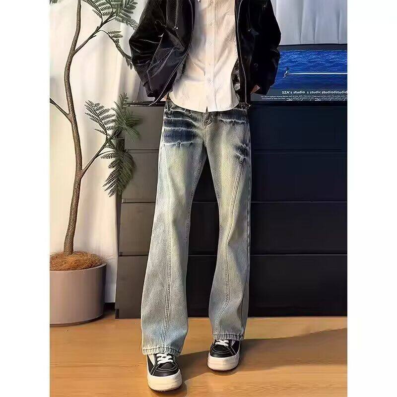 美式高街复古水洗做旧拼接痞帅牛仔裤男宽松直筒阔腿潮牌拖地裤子
