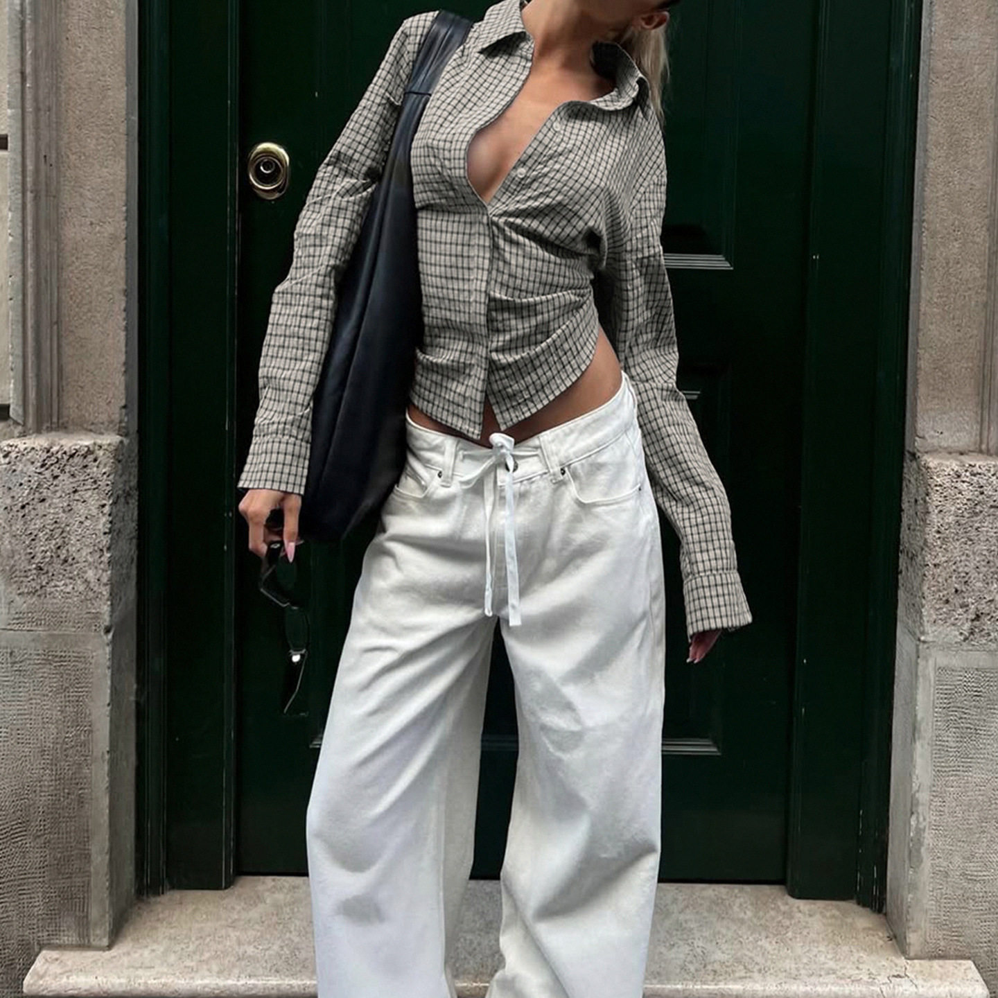 早秋新品翻边V领格子衬衫上衣复古风设计感后背收腰绑带长袖衬衣