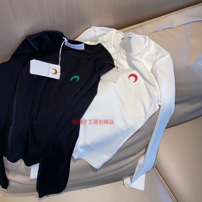 mar22ine长袖T恤女月亮印花上衣修身瘦弹力打底衫