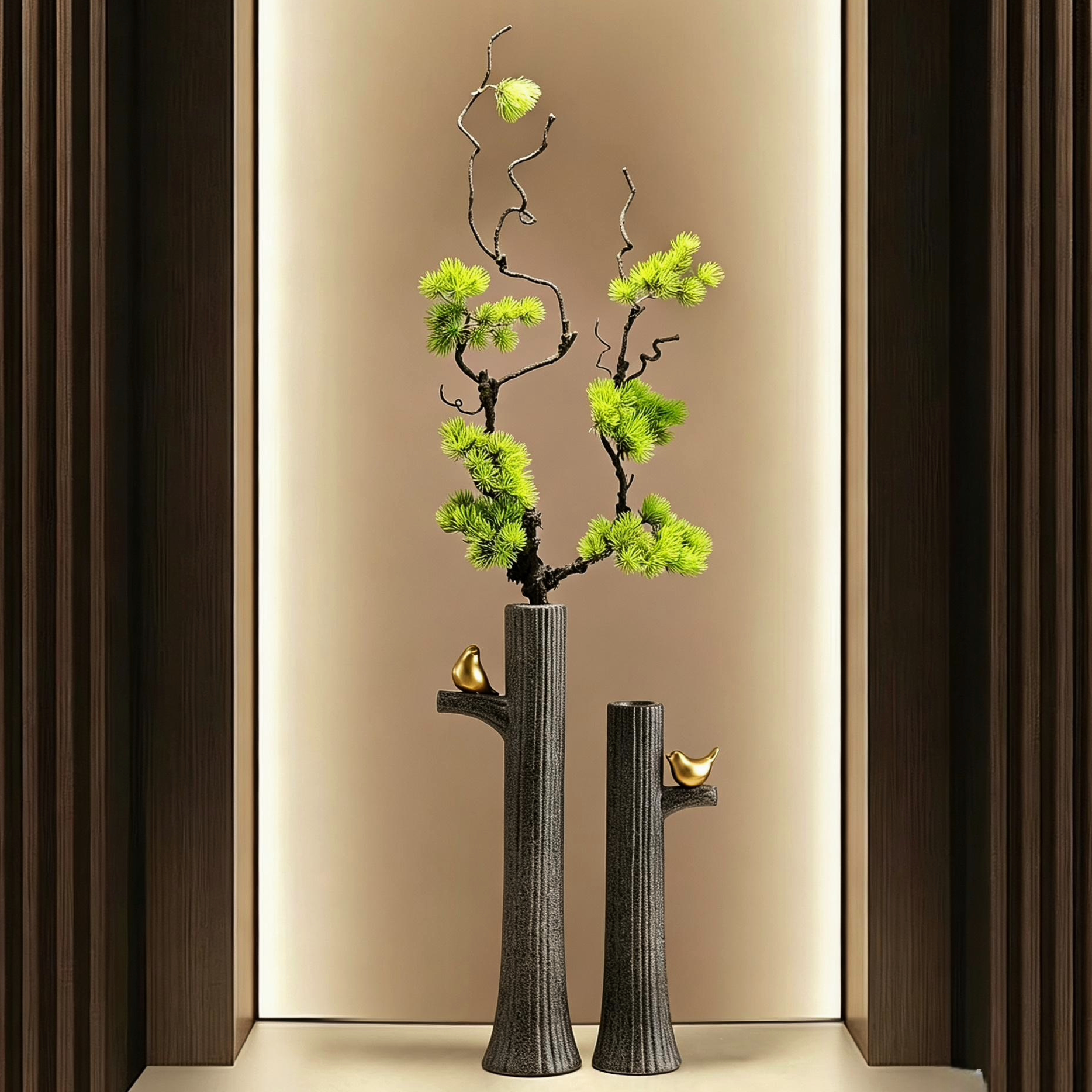 入户玄关屏风摆件高级陶瓷细长高花瓶客厅迎客松花艺新中式装饰品