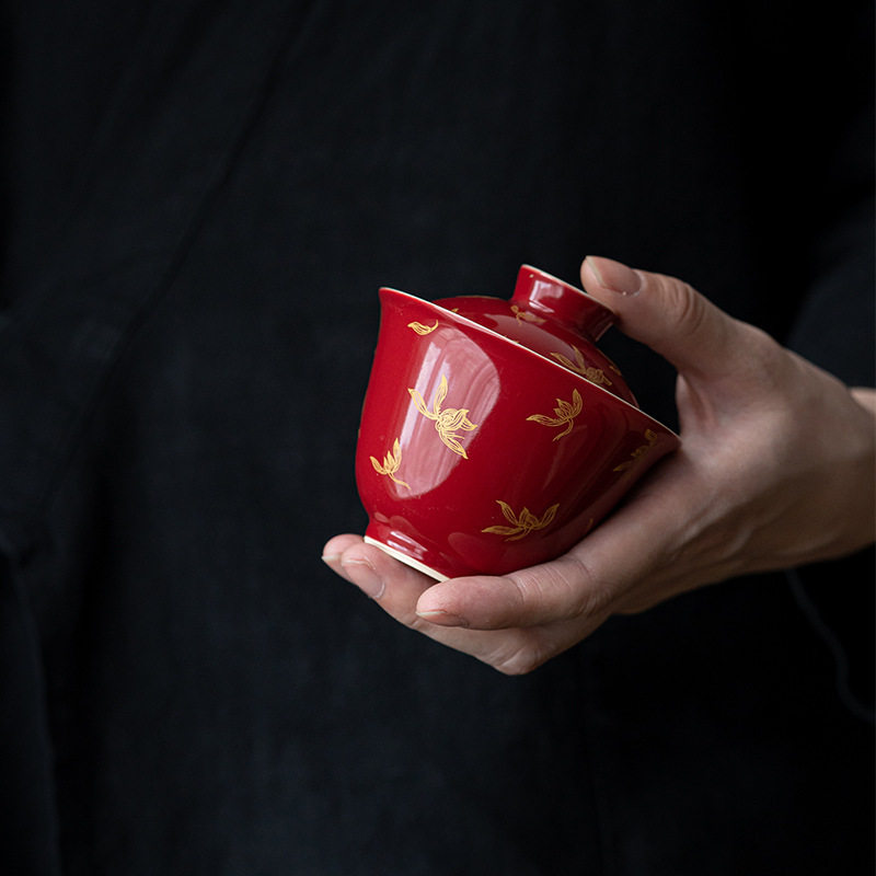 唐宋郎红烫金盖碗 功夫茶具陶瓷仿烫泡茶碗 家用红色国风主泡碗