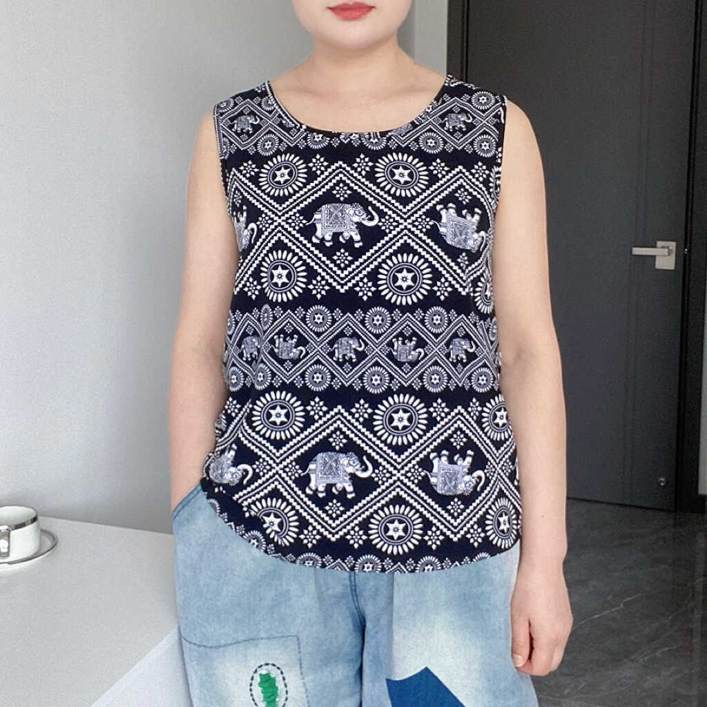 夏季大码女装棉绸花色背心吊带人造棉无袖上衣t恤宽松胖mm外穿薄