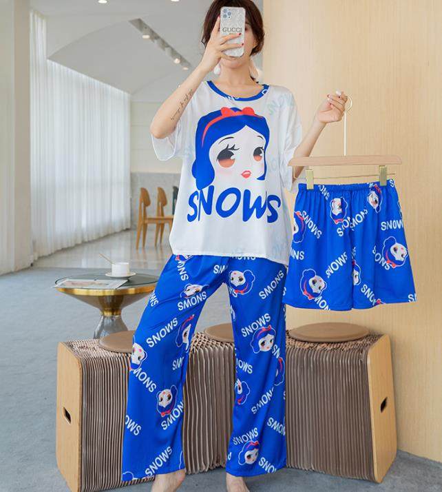 抖音同款仿真丝丝绸短袖长裤短裤三件套睡衣家居服