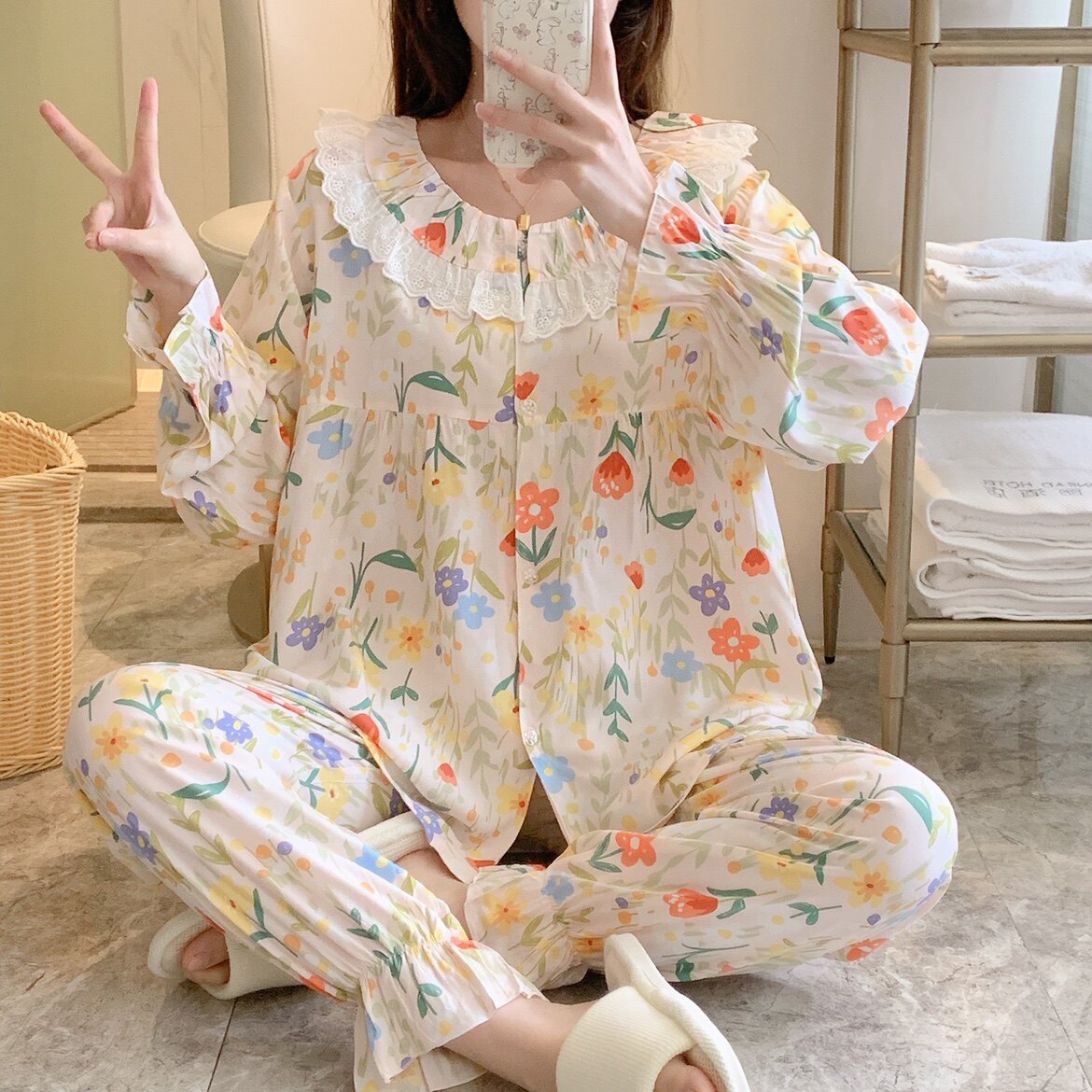 新款春夏棉绸长袖女宽松大码睡衣家居服套装月子服
