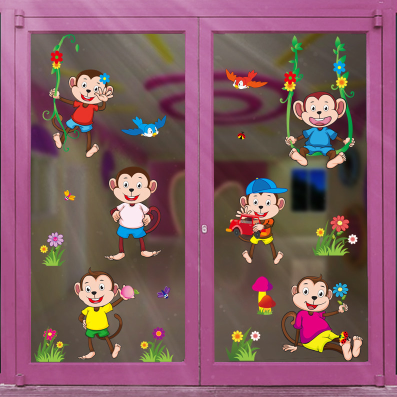 卡通顽皮的猴子静电贴纸托儿所早教中心玻璃门窗装饰贴画玻璃贴纸