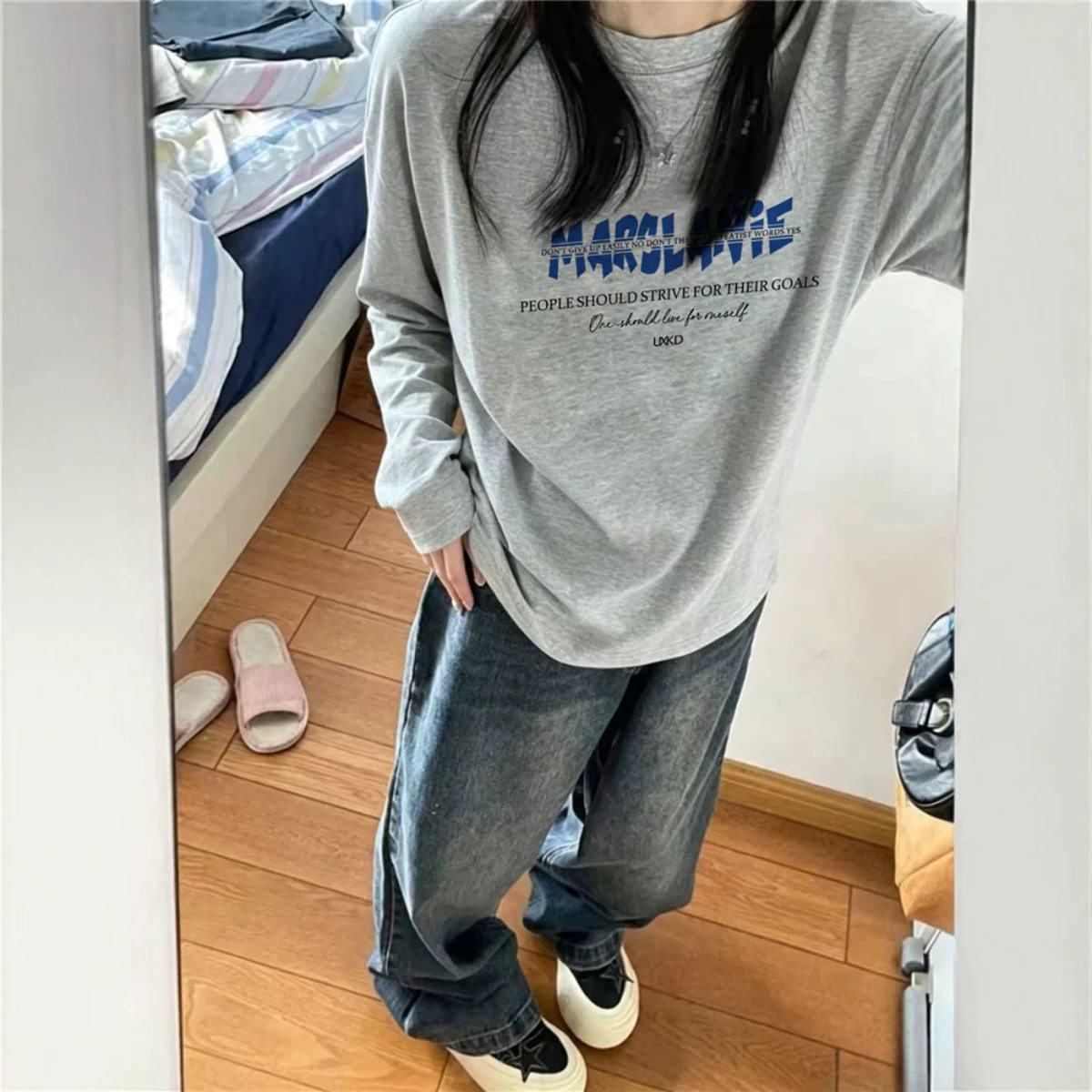 胖mm美式复古字母大码长袖t恤女秋季宽松oversize高街设计感上衣