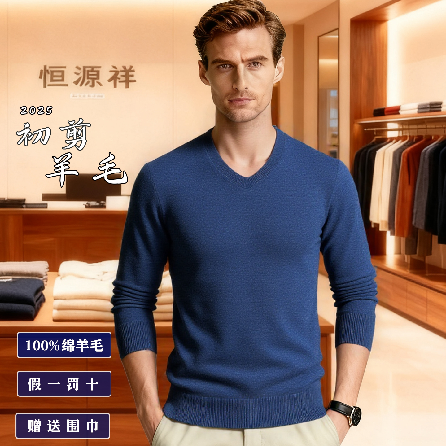 恒源祥100纯羊毛V领打底衫