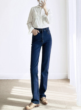 内里抓毛~秋冬高个子女裤175弹力宽松高腰直筒裤加长牛仔裤深蓝色