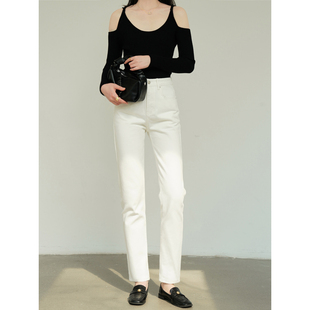 法棍裤 全棉厚挺无弹高个子白色加长牛仔裤 女高腰显瘦黑色白烟管裤