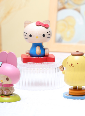 森活木趣木质HelloKitty桌面车载饰品中控台车内弹簧摇头晃脑摆件